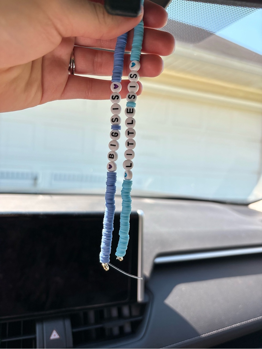 Blue & Light Blue Beaded Matching Sister Car Mirror Hanging Decor
